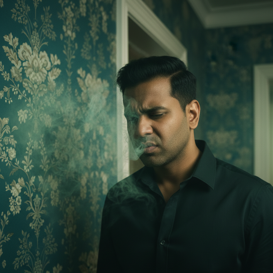 Man reacting to chemical off-gassing from wallpaper in a sealed indoor room